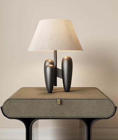 Modern Table Lamp with Three Black Cylindrical Base and Beige Fabric Shade on Gray Cabinet 3d model