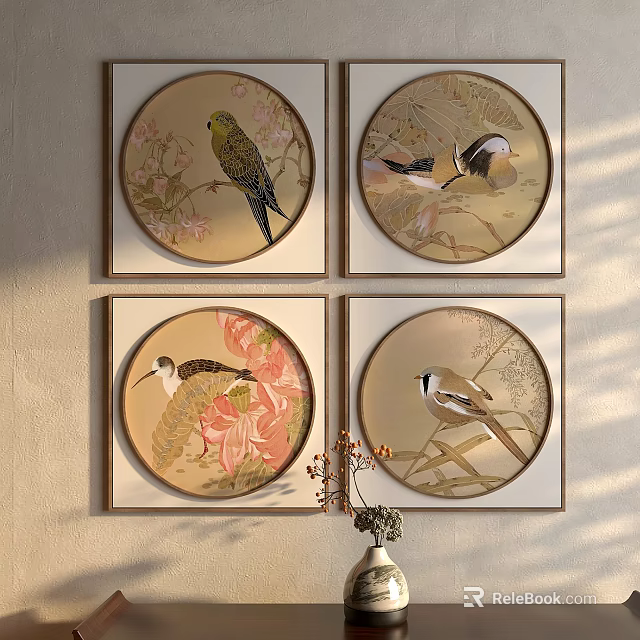 Elegant Photo Wall with Four Circular Framed Artworks of Birds and Flowers 3d model 
