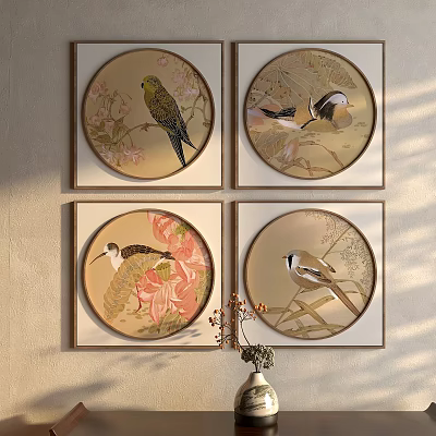 Elegant Photo Wall with Four Circular Framed Artworks of Birds and Flowers 3d model