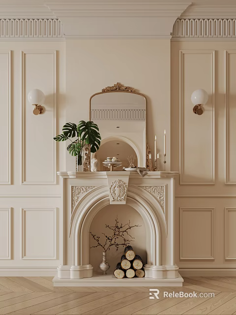 Elegant White Carved Fireplace Interior With Beige Walls Sconces Ornate Mirror Green Plant Candle Holders 3d model 