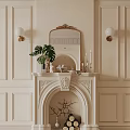 Elegant White Carved Fireplace Interior With Beige Walls Sconces Ornate Mirror Green Plant Candle Holders