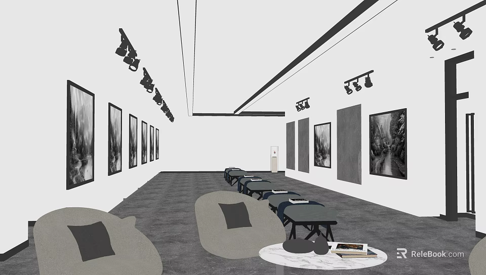 Modern Lounge Area Interior With Gray Sofas Round Tables And Wall Paintings 3d model 