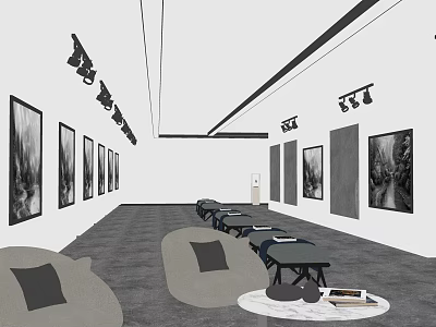 Modern Lounge Area Interior With Gray Sofas Round Tables And Wall Paintings 3d model