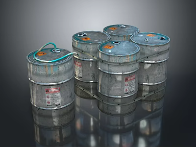 Group of Silver Metal Drums With Green Ropes And Warning Labels 3d model