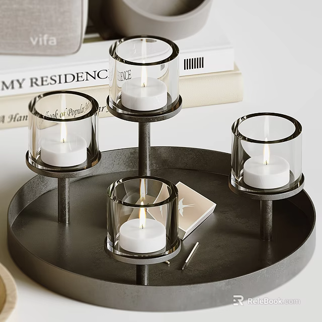 Elegant Candle Holder With Glass Shades And White Candles On Black Metal Tray 3d model 
