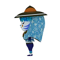 Traditional Doll With Brown Green Hat Blue Cloak And Snowflake Flower Patterns