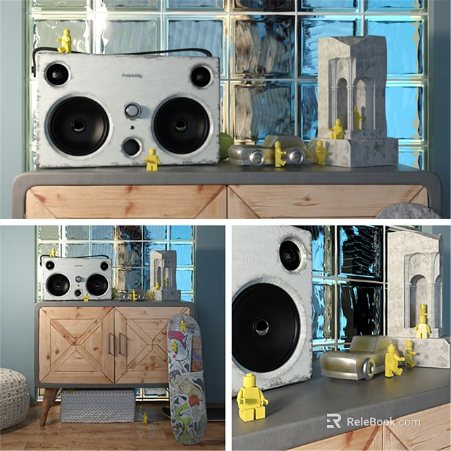Decorative Ornament Set Featuring Speaker Wooden Cabinet Yellow Decor Items Concrete Structures And Glass Background 3d model 