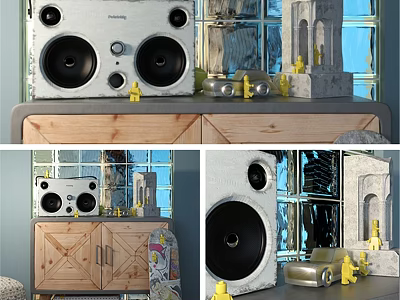 Decorative Ornament Set Featuring Speaker Wooden Cabinet Yellow Decor Items Concrete Structures And Glass Background 3d model