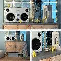 Decorative Ornament Set Featuring Speaker Wooden Cabinet Yellow Decor Items Concrete Structures And Glass Background