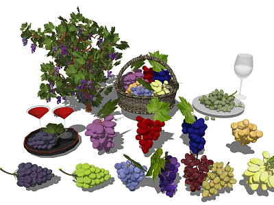 Various Colored Ripe Grapes in Basket with Grapevine and Plates 3d model