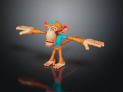 Playful Cartoon Monkey 3D Model With Orange Body Blue Accents And Outstretched Arms 3d model