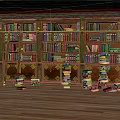 Decorative Wooden Bookcase With Multiple Compartments Filled With Books And Stacks On Floor