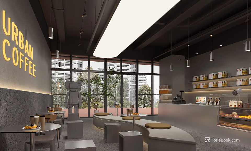 Modern Café Interior With Large Windows Greenery View Round Seats Gray Tones Bar Hanging Lamps 3d model 