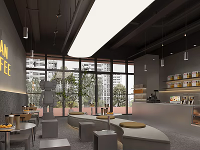 Modern Café Interior With Large Windows Greenery View Round Seats Gray Tones Bar Hanging Lamps 3d model
