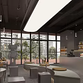 Modern Café Interior With Large Windows Greenery View Round Seats Gray Tones Bar Hanging Lamps