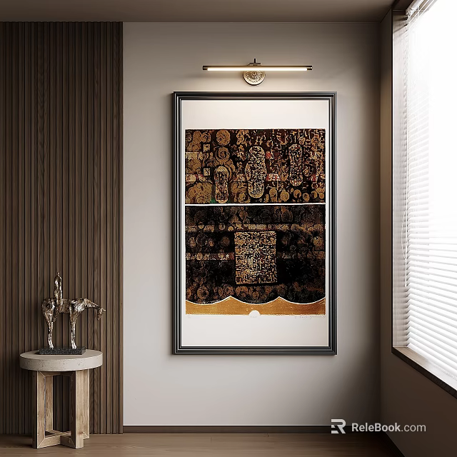 Elegant Interior With Framed Artwork Wooden Wall And Sculpture On Table 3d model