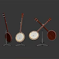 Red Banjos In Various Styles Displayed On Stands With Gray Background