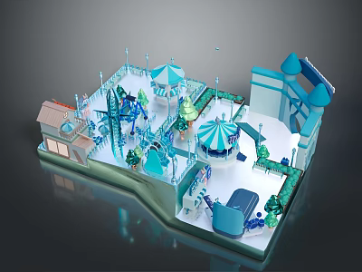 Magical Theme Park Landscape With Carousel Castle Blue White Buildings And Green Trees 3d model