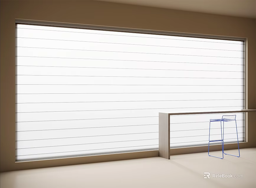 White Roller Blinds On Large Window In Room With Metal Railing And Blue Stools 3d model 