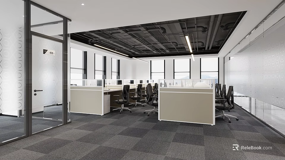 Open Plan Public Office Space With Workstations Office Chairs Large Windows And Gray Carpet 3d model