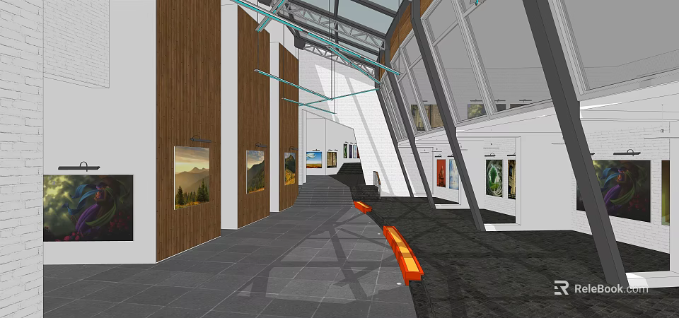 Art Gallery Interior With Wooden Walls Paintings Stairs Glass Windows And Orange Bench 3d model 