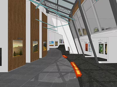 Art Gallery Interior With Wooden Walls Paintings Stairs Glass Windows And Orange Bench 3d model