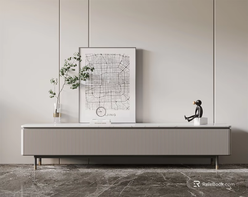 Modern Minimalist TV Stand with Vase Greenery Map Artwork and Figurine 3d model 