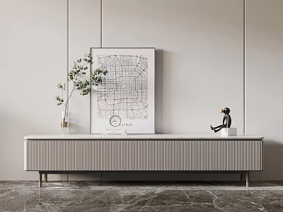 Modern Minimalist TV Stand with Vase Greenery Map Artwork and Figurine 3d model