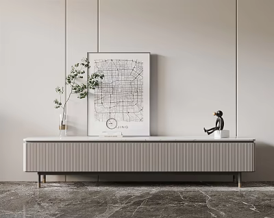 Modern Minimalist TV Stand with Vase Greenery Map Artwork and Figurine 3d model