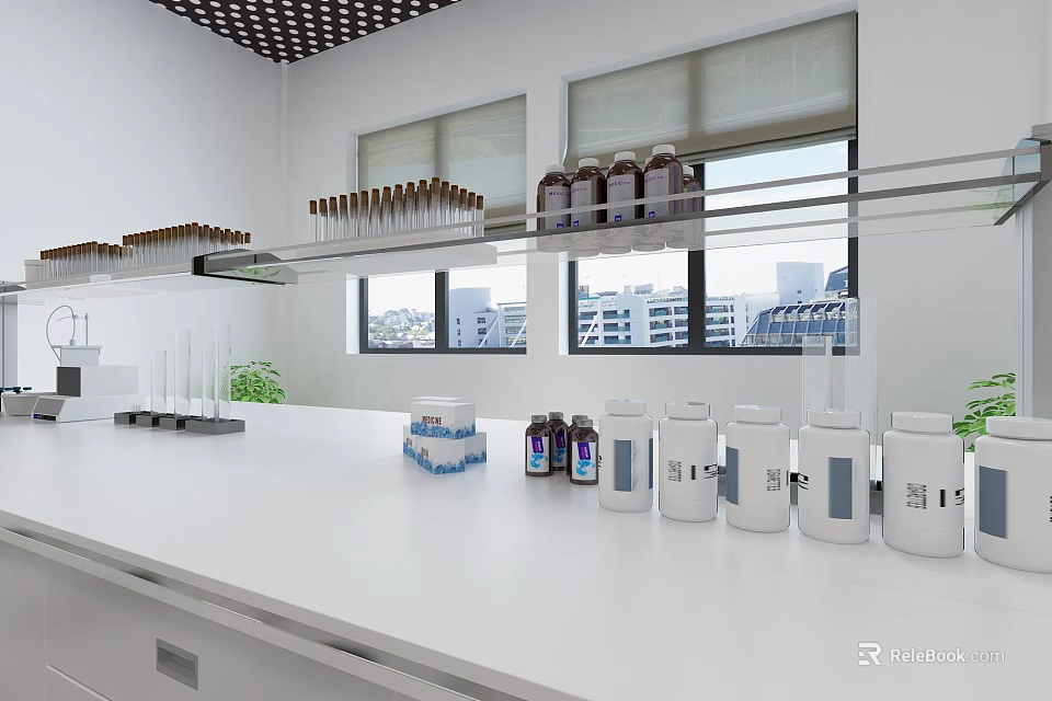 Public Office Space With White Workbench Bottles Test Tubes Shelves And City View Windows 3d model 