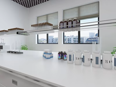 Public Office Space With White Workbench Bottles Test Tubes Shelves And City View Windows 3d model