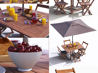 Wooden Outdoor Table With Matching Chairs Umbrella And Casual Dining Food Drinks Setup 3d model
