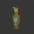 Golden And Red Vase Shaped Sculpture With Ornate Handle And Shiny Surface