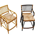 Natural And Black Rattan Leisure Chairs With Armrests And Woven Seats