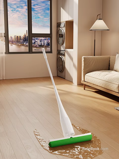 Modern Living Room Interior With Wooden Floor Sofa Washing Machine And Cleaning Tool 3d model 