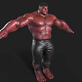 Red Skinned Muscular Man in Black Leather Pants with Arms Outstretched Against Dark Background