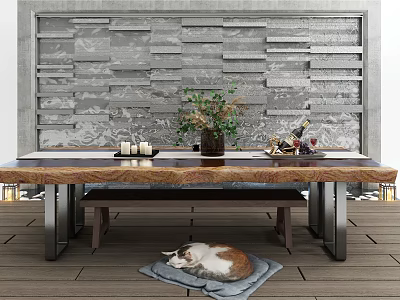 Elegant Dining Table Set With Bench Green Plant Candles Wine Bottles And Stone Wall Background 3d model