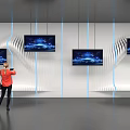 Modern Tech Exhibition Hall With Multiple Screens Red Top Person Using Smartphone Wavy White Decor