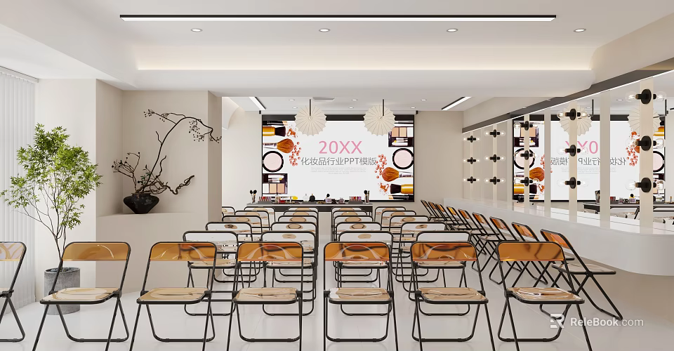 Modern Beauty Hair Salon Interior With Comfortable Chairs Artistic Wall And Soft Lighting 3d model 