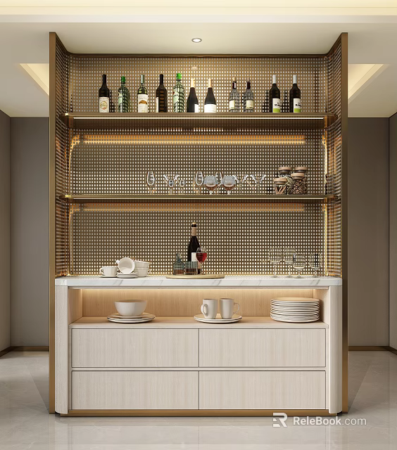 Modern Style Sideboard With Gold Mesh Frame Multiple Shelves Wine Bottles Glassware And White Cabinets 3d model 