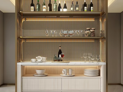 Modern Style Sideboard With Gold Mesh Frame Multiple Shelves Wine Bottles Glassware And White Cabinets 3d model