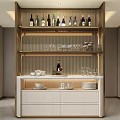 Modern Style Sideboard With Gold Mesh Frame Multiple Shelves Wine Bottles Glassware And White Cabinets