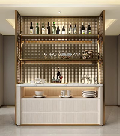 Modern Style Sideboard With Gold Mesh Frame Multiple Shelves Wine Bottles Glassware And White Cabinets 3d model