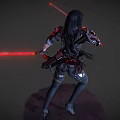 Game Movie Sci Fi Character With Long Black Hair In Armored Suit Wielding Red Lightsabers