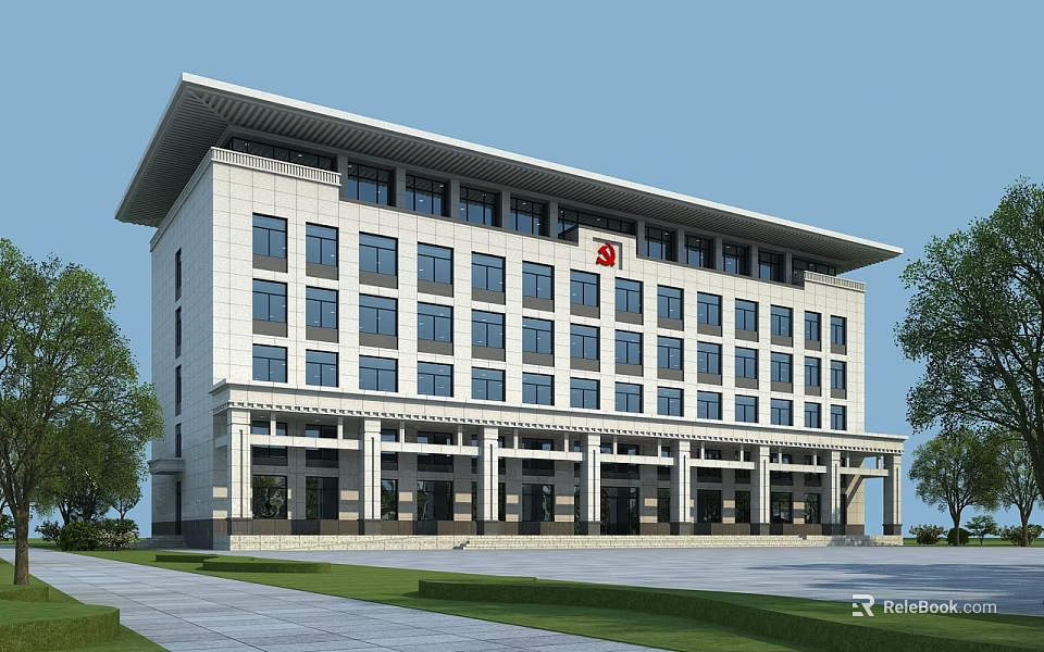Modern Office Building Exterior With Overhanging Roof Regular Windows Columned Entrance And Lawn Plaza 3d model 