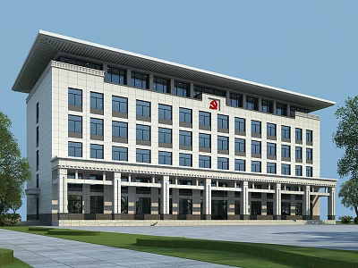Modern Office Building Exterior With Overhanging Roof Regular Windows Columned Entrance And Lawn Plaza 3d model