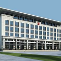 Modern Office Building Exterior With Overhanging Roof Regular Windows Columned Entrance And Lawn Plaza