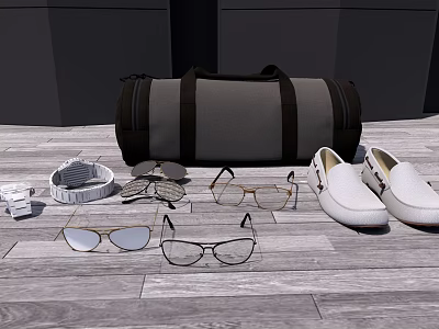 Gray And Black Duffel Bag With Glasses White Shoes And Accessories On Wooden Floor 3d model