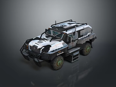 Military Style Armored Off Road Vehicle With Black White Exterior Roof Equipment And Large Tires 3d model