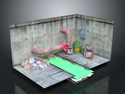 Industrial Indoor Space With Concrete Walls Pink Pipes Trash Bags Green Mat And Warning Barrels 3d model